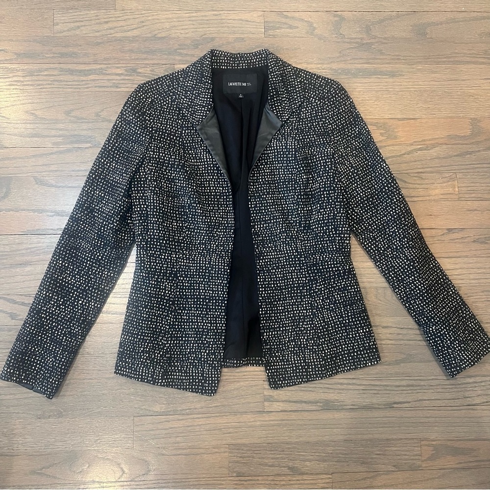 Lafayette 148 Blazer Polka Dot Black and White Leather Trim Size 4 Office Career